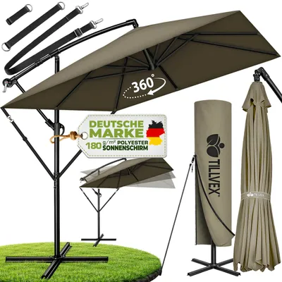 Produktbild von tillvex® Alu Sonnenschirm Rechteckig Ø 330 cm Braun + Abdeckung mit Kurbel | Ampelschirm Eckig mit Ständer & Windschutz | Gartenschirm UV-Schutz Aluminium | Kurbelschirm Marktschirm wasserdicht 360° drehbar