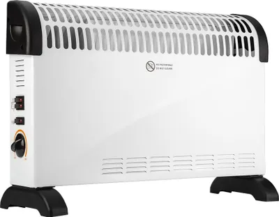 A white electric heater with black accents and feet, shown on a white background.