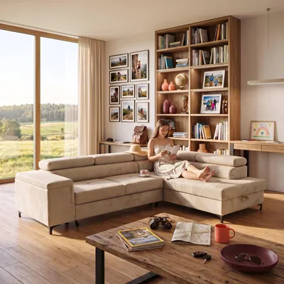 Produktbild von MUFFO Ecksofa WILLIAM L Rechts mit Schlaffunktion 127x195 Velours Beige