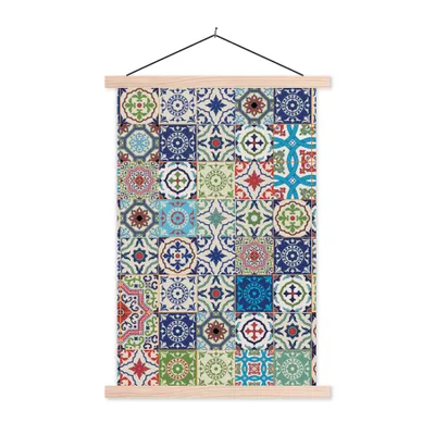 Produktbild von MuchoWow® Textilposter Blumen - Muster - Grün - Blau 60x90 cm mit holzfarbenen Rahmen - Textil
