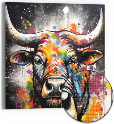 Produktbild von DEQOART Hybrid Leinwand Bild 30x30 cm 'Farbenfrohe Stierkraft' Wandbild Glas flach modern
