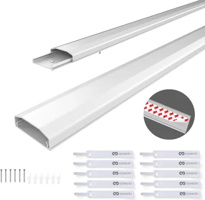 Produktbild von conecto Kabelkanal mit 3M Klebeband selbstklebend selbsthaftend zum Kleben oder Schrauben aus hochwertigem PVC (Länge 100cm, Breite 6cm, Höhe 2cm) weiß, 4er Pack + 10er Klettkabelbinder