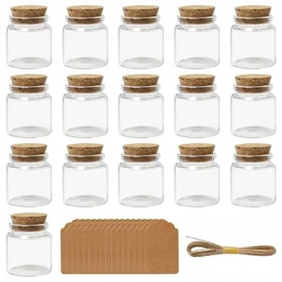 Zdjęcie produktu dla Butelki szklane 50 ml z korkiem zestaw 16 sztuk do napełniania prezent