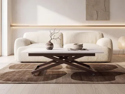 Produktbild von Couchtisch Höhenverstellbar Ausziehbar – Wohnzimmertisch & Esstisch mit Rollen, Braunem X-Metallgestell – 120 x 80 cm bis 160 x 80 cm – Weiß
