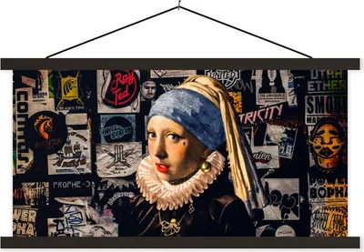 Produktbild von MuchoWow® Textilposter Das Mädchen mit dem Perlenohrring - Tätowierung - Vermeer 150x75 cm mit schwarzem Rahmen - Posterleiste