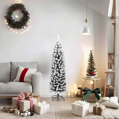 Image de vidaXL Sapin de Noël artificiel élancé avec neige vert 150 cm PVC