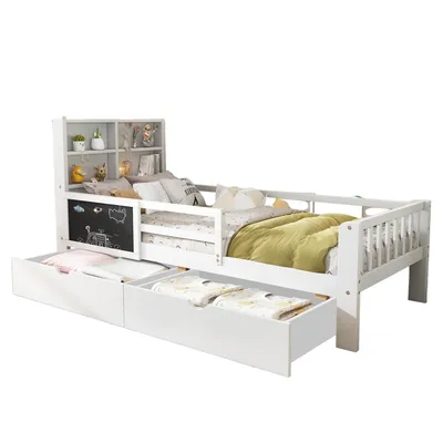 Produktbild von Kinderbett, 90x200 cm, Einzelbett mit Lattenrost und Schubladen, Holzbett mit Rausfallschutz, Kiefer