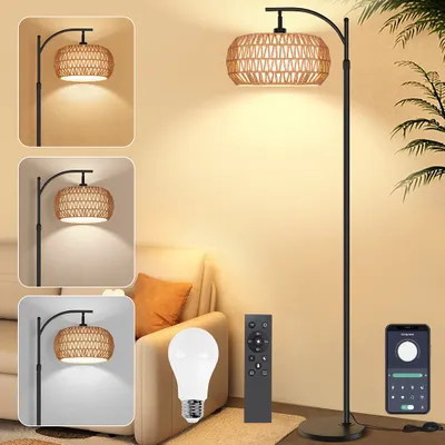 Produktbild von Stehlampe Wohnzimmer, Dimmbare Rattan Standleuchte mit 3 Farb,Fernbedienung und Fußschalter, App-Steuerung,12W E26 Bogenlampe,Standleuchte Leselampe