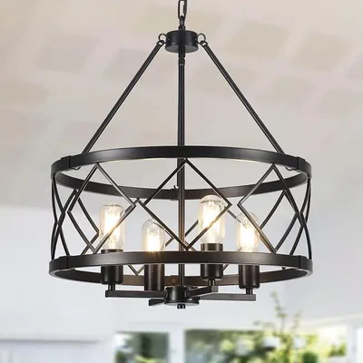 Zdjęcie produktu dla Nowoczesny, czarny żyrandol, 4 ramiona. Żyrandol w stylu vintage, lampa wisząca do salonu, lampa sufitowa w stylu rustykalnym i industrialnym, wisząca lampa do jadalni, przedpokoju, holu, sypialni