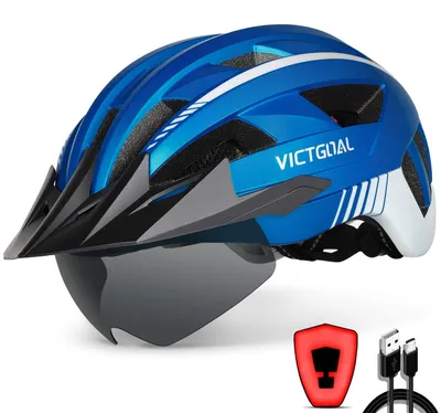 Zdjęcie produktu dla Kask rowerowy VICTGOAL dla mężczyzn i kobiet, z daszkiem, tylnym światłem USB i magnetycznymi okularami