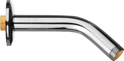 A chrome-plated shower arm on a white background.