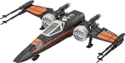 A toy model of Poe's X-Wing Fighter from Star Wars.
