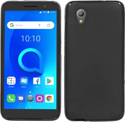 A black Alcatel smartphone is shown from the front and back.
