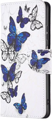 A white flip case for a Samsung Galaxy A23 phone, decorated with blue and black butterfly illustrations.