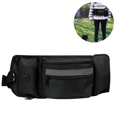 A black fanny pack is shown in detail, with a smaller circular inset image showing a person walking a dog, wearing a similar fanny pack.