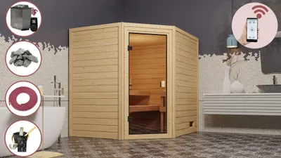 Image de Sauna d'intérieur Karibu Sauna à domicile MILA 6 kit économique 196x170 cm y compris poêle de 9kw avecHUUM Wifi (compatible App)