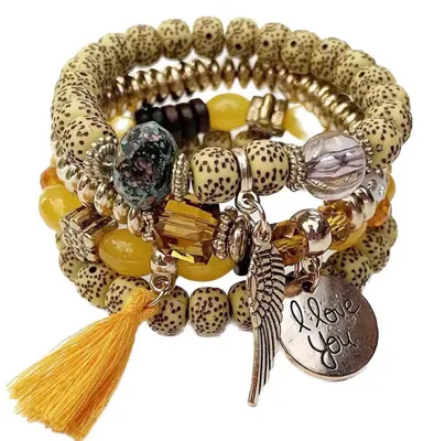 Productafbeelding van Carufin kristal, meerlagige turquoise armbanden, boho stijl, met kralen en franjes, elastisch