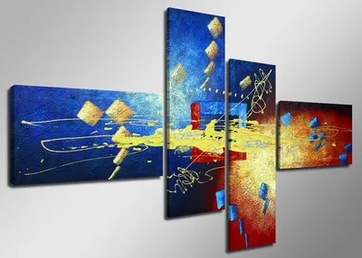 Produktbild von Visario Leinwandbild Abstrakt Blau Gold 160x70 cm – 4-teilig, Bild Wandbild Kunstdruck, aufhängfertig, Echtholzrahmen, Zackenaufhänger, Art. 6505