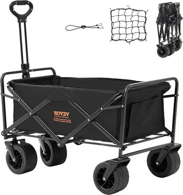 Image de Chariot de plage pliable, roues de 5 pouces, porte-boissons, capacité de 100 kg, noir
