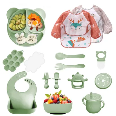 Productafbeelding van 14-delige Siliconen Baby Servies Set - Met Zuignap en Bestek in Donkergroen