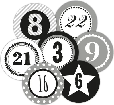Produktbild von Adventskalenderzahlen in liebevoll gestalteten Designs 48 Aufkleber, für 2 Kalender, grau, Durchmesser 4 cm