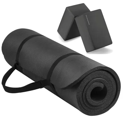 Imagen del producto de Esterilla de yoga extra gruesa (1,27 cm), de alta densidad, con correa de transporte y bloques de yoga, ideal para yoga y fitness