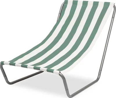 A striped beach chair on a white background.