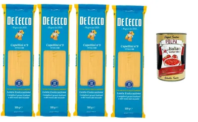 Produktbild von Italian Gourmet De Cecco Capellini Nr. 9 – 4 x 500 g (2 kg) – Sehr feine Spaghetti – Kochzeit ca. 2 Minuten – Hartweizengrieß Pasta – Ideal für Suppen, Brühe, Pesto + Italian Gourmet polpa