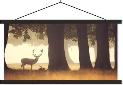 Produktbild von MuchoWow® Textilposter Hirsche - Bäume - Wald 60x30 cm mit schwarzem Rahmen - Textilien