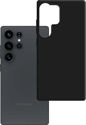 A black phone case is shown next to a dark gray smartphone.