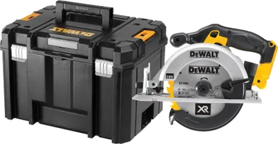 A DeWALT circular saw and its storage case are shown against a white background.