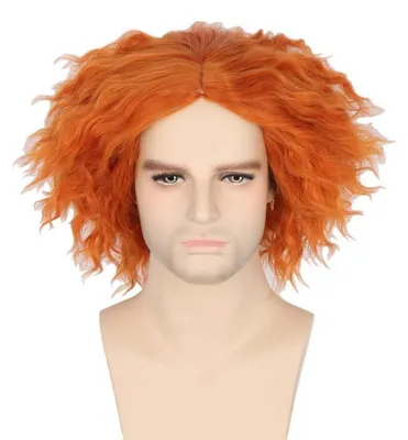 Productafbeelding van Hutmacher pruik, kort, krullend, oranje, geschikt voor Halloween en carnaval