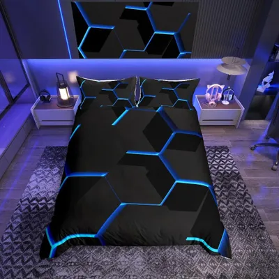 Produktbild von Geometrisches Blaues Wabenmuster Bettbezug Set - Super King Size mit Reißverschluss