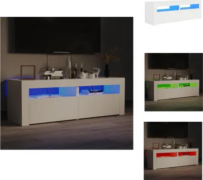 A collage of images showing a white TV stand with LED lighting in different colors.
