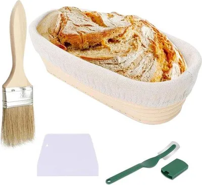 Produktbild von Brotset 25 x 15 x 8 cm oval - Brotbackset für Heimbäcker - Natürliches Rattan - Leinen Tücher - Brotmesser - Bürste - Teigreinigungssatz Backmand