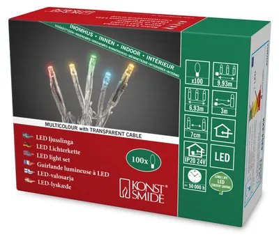 Micro LED-Lichterkette, 100 bunte Dioden, 24 V, transparent