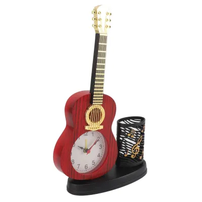 Zdjęcie produktu dla Budzik gitarowy, zegar gitarowy z uchwytem na długopis, zegar gitarowy w stylu vintage, zegar gitarowy, zegar gitarowy na biurko, ozdoba budzika gitarowego