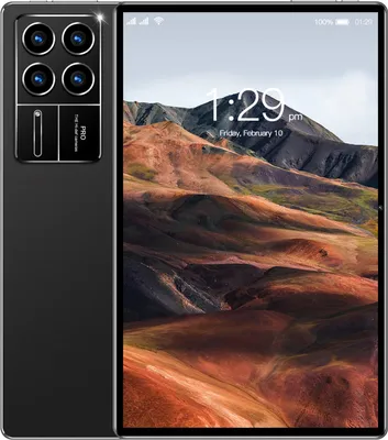 A black tablet is shown in a folded position, displaying a landscape image on its screen. The back of the tablet, featuring a camera module, is visible on the left.