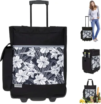 A collage of images showing a black shopping trolley with a floral pattern, a woman using a similar trolley, and close-ups of the trolley's features.