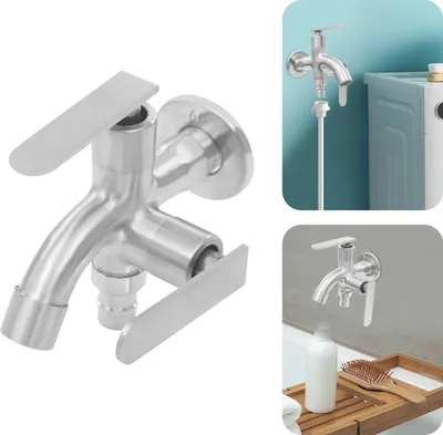 A collage of images showing a stainless steel wall-mounted faucet, one in a close-up, and two in lifestyle settings next to a washing machine and a bathtub.