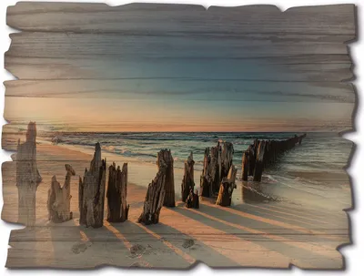 Produktbild von ARTland Holzbild Vintage Sonnenuntergang Strand Wellenbrecher Größe: 40x30 cm