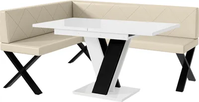 Produktbild von MEBLINI Eckbank für Esszimmer mit ausziehbarem Tisch  - Küchenbank - Essecke - Sitzecke Küche - ERIC - X-Beine 128x168x87cm Links - Creme Kunstleder/M Weiß-Schwarz Hochgl.