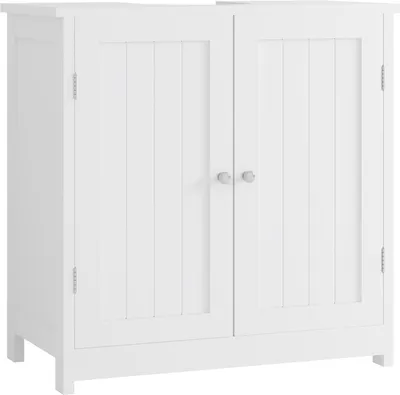 A white wooden cabinet with two doors.