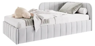 Produktbild von Bett Mario 120x200 cm, Polsterbett mit Metallrahmen, Jugendbett mit Bettkasten, Riviera-Stoff, Grau, Rechts
