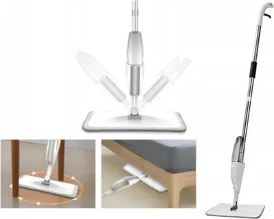 A collage of images showing a spray mop and its features, including its adjustable head and maneuverability under furniture.