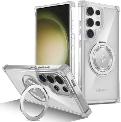 Obrázek produktu pro Pouzdro pro Samsung Galaxy S23 Ultra magnetický držák prstenu, stojánek, kompatibilní s MagSafe, vojenská ochrana, průhledné pouzdro Průhledný