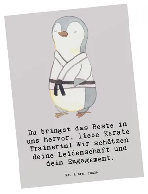 Produktbild von Mr. & Mrs. Panda Postkarte Karate Trainerin - Grau Pastell - Geschenk, Postkarten, Ansichtskarten, Erfolg, Grußkarte, Training, körperliche Fitness, Sportart, Fotokarte