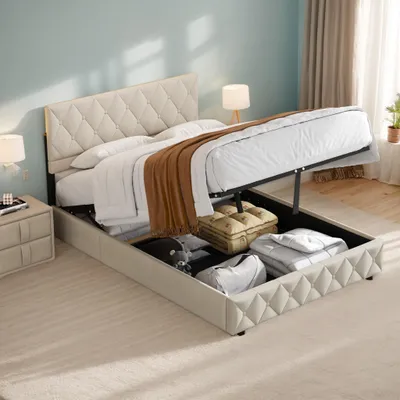 Produktbild von STILVORA Boxspringbett Polsterbett 160 x 200 cm Stauraumbett Bettgestell Jugendbett mit Bettkästen & Kopfteil & Lattenrost,Beige, ohne Matratze