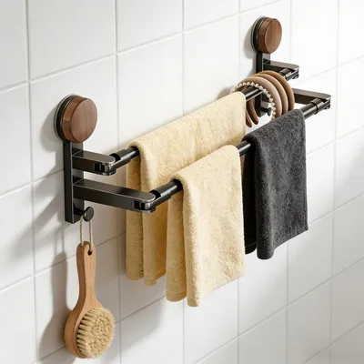 Obrázok produktu pre Držiak na uteráky na stenu, bez vŕtania, nastaviteľný od 50 do 97 cm, s 2 háčikmi
