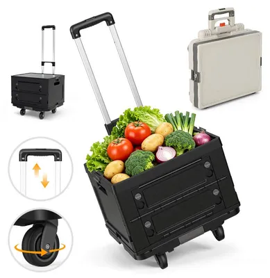 Image de Chariot de courses pliable Eikuavons, 48L, noir, 3-en-1 : chariot de rangement avec roulettes silencieuses, poignée ergonomique, en aluminium et PP, pliable